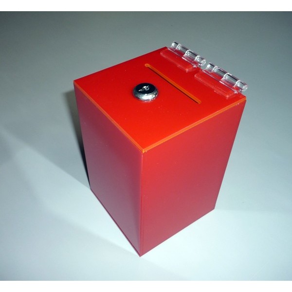 Red money box, size 100 x 100 x 150 mm
